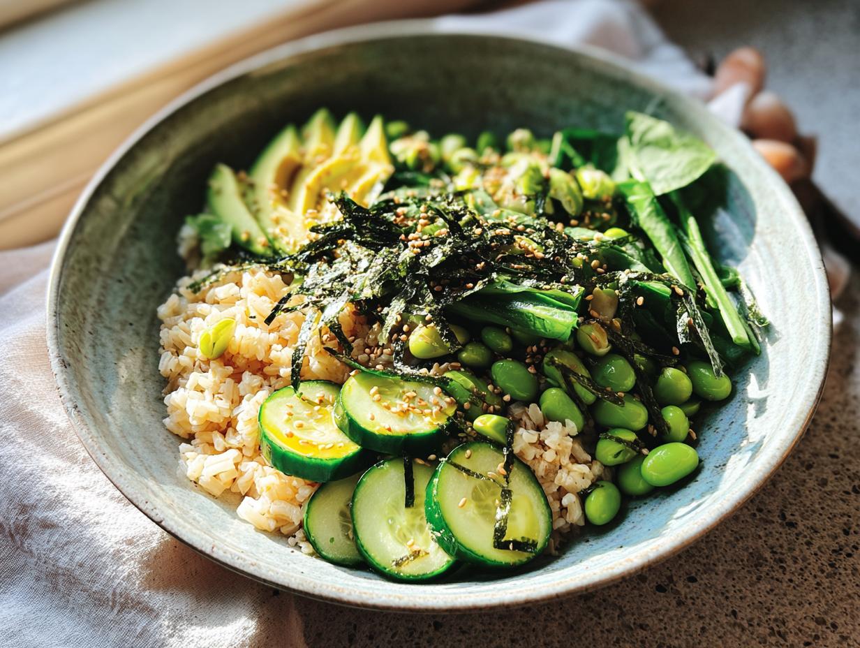 A vibrant and healthy rice bowl featuring brown rice, sliced avocado, edamame, cucumber, and seaweed. The Ultimate Rice Bowls Recipes Guide for Beginners.