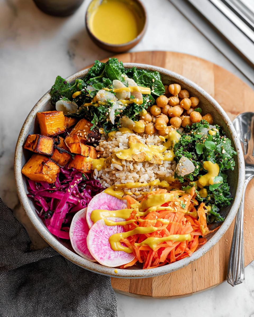 A vibrant and healthy vegan rice bowl with roasted sweet potatoes, kale, chickpeas, carrots, and radish, drizzled with a yellow dressing.