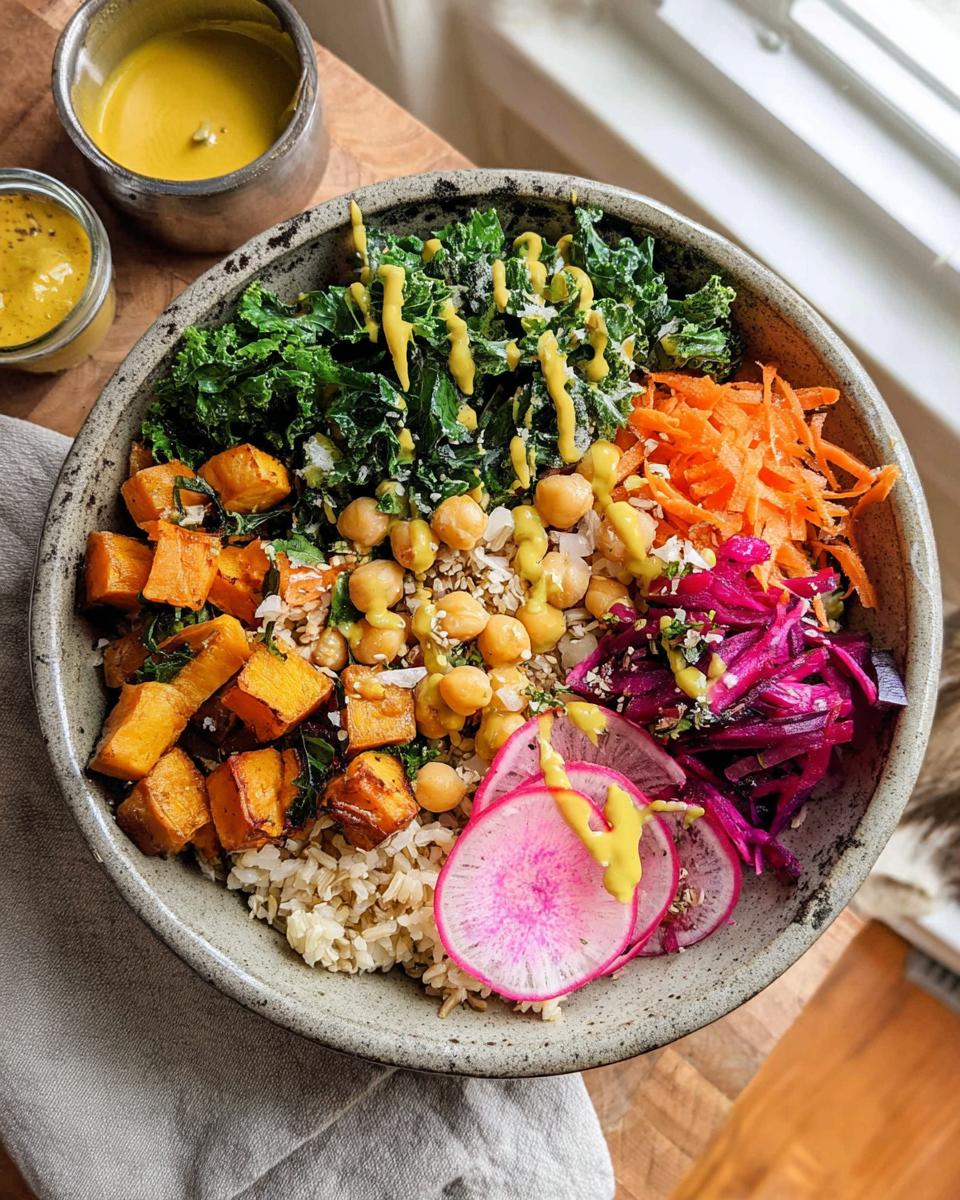 A vibrant and healthy vegan rice bowl with brown rice, roasted sweet potatoes, kale, chickpeas, shredded carrots, and pickled red cabbage, drizzled with yellow sauce.