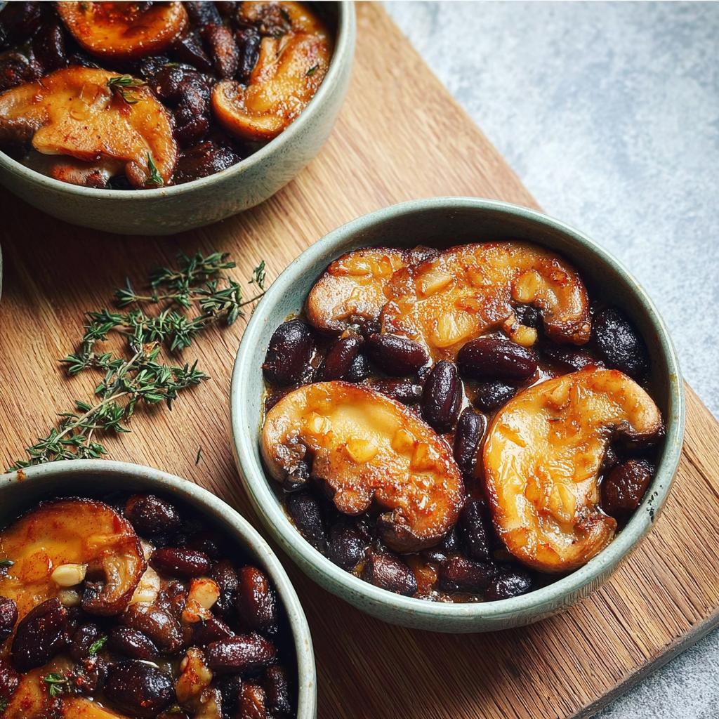 Close-up of three small bowls filled with a hearty veggie sides recipe featuring mushrooms and beans, garnished with thyme.