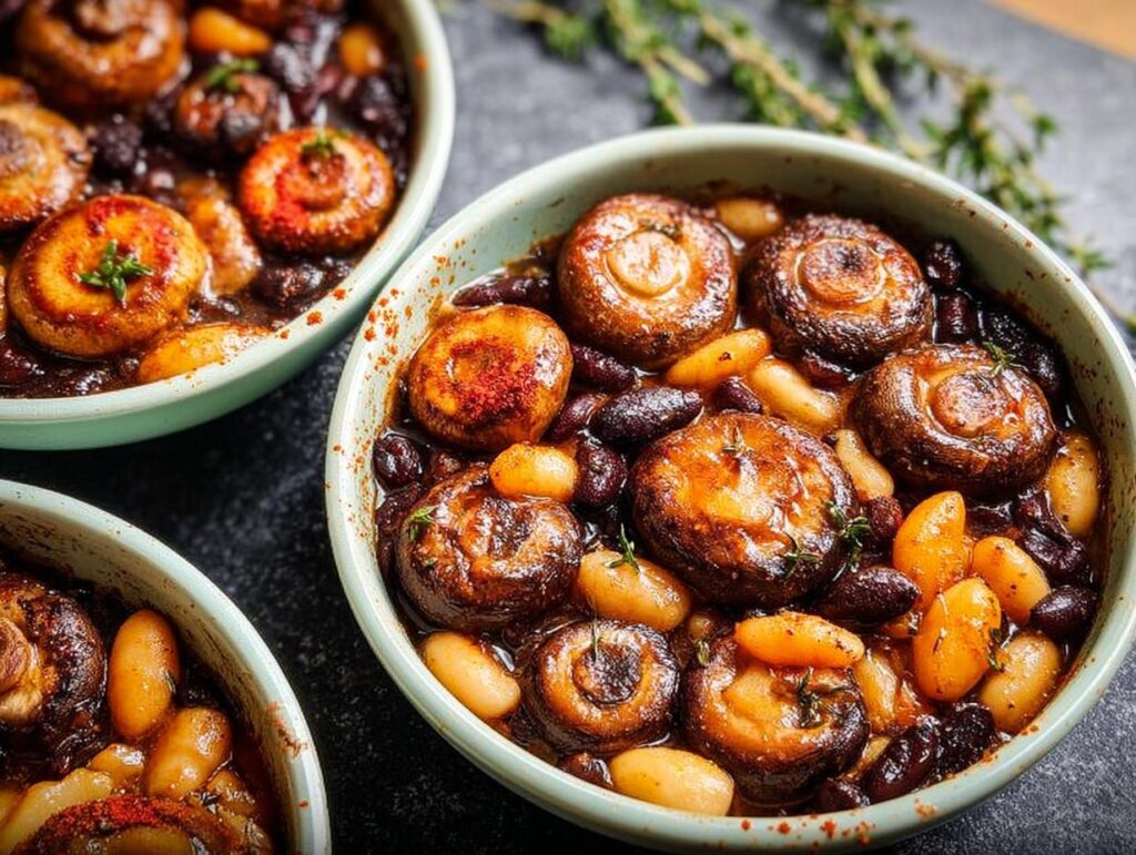 Close-up of a bowl filled with a delicious veggie sides recipe featuring whole mushrooms, kidney beans, and butter beans.