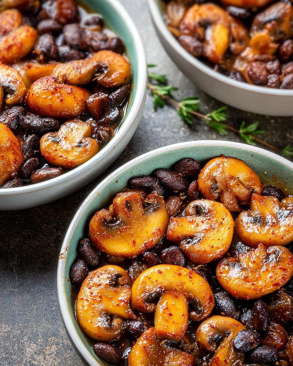 Close-up of a bowl filled with sautéed mushrooms and black beans, a delicious veggie sides recipe.