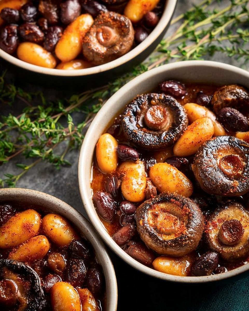 Close-up of a bowl filled with a hearty veggie sides recipe featuring beans, mushrooms, and spices.