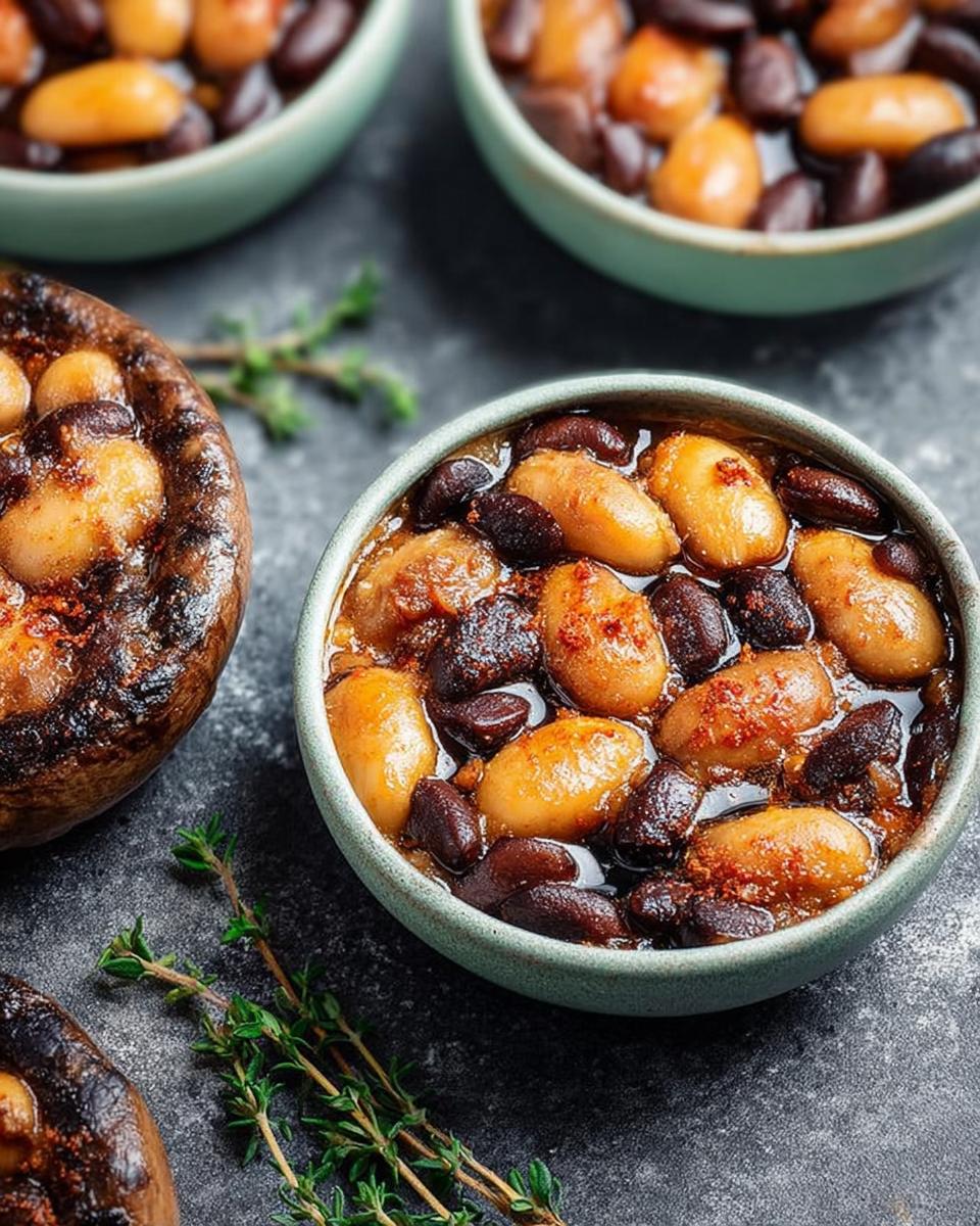 Close-up of a bowl filled with a delicious veggie sides recipe featuring white and black beans in a savory sauce.