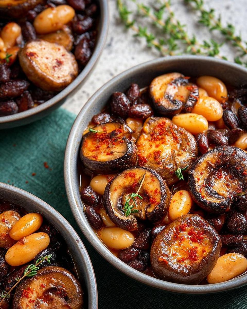 Close-up of a bowl filled with a delicious veggie sides recipe featuring mushrooms and two types of beans.