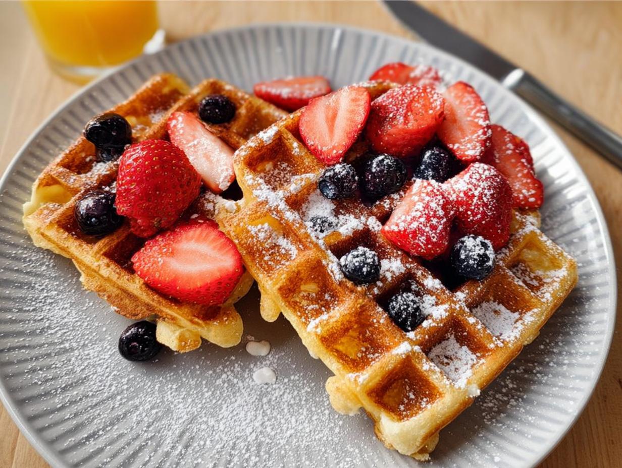 Two golden waffles topped with fresh strawberries, blueberries, and powdered sugar. A perfect breakfast idea.