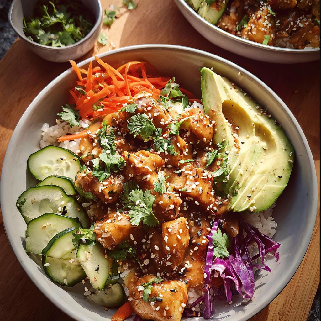 A close-up of a Bang Bang Chicken Bowl filled with rice, chicken, avocado, cucumber, and shredded carrots.