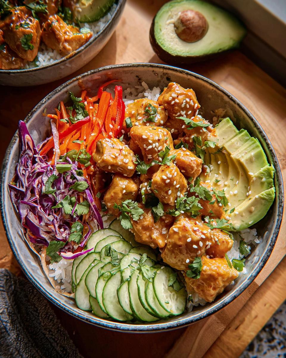 A close-up of a Bang Bang Chicken Bowl featuring creamy chicken, rice, sliced avocado, cucumber, and shredded carrots.