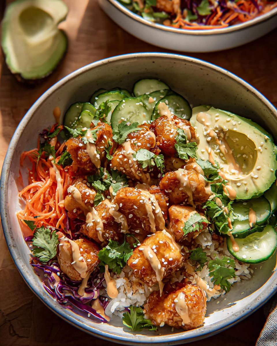 A close-up of a Bang Bang Chicken Bowl featuring crispy chicken, rice, avocado, cucumber, and shredded carrots, drizzled with sauce.