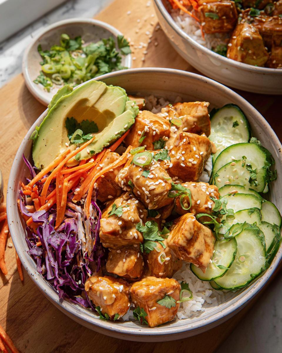 A close-up of a vibrant Bang Bang Chicken Bowl, featuring glazed chicken pieces, rice, avocado, shredded carrots, red cabbage, and cucumber slices.