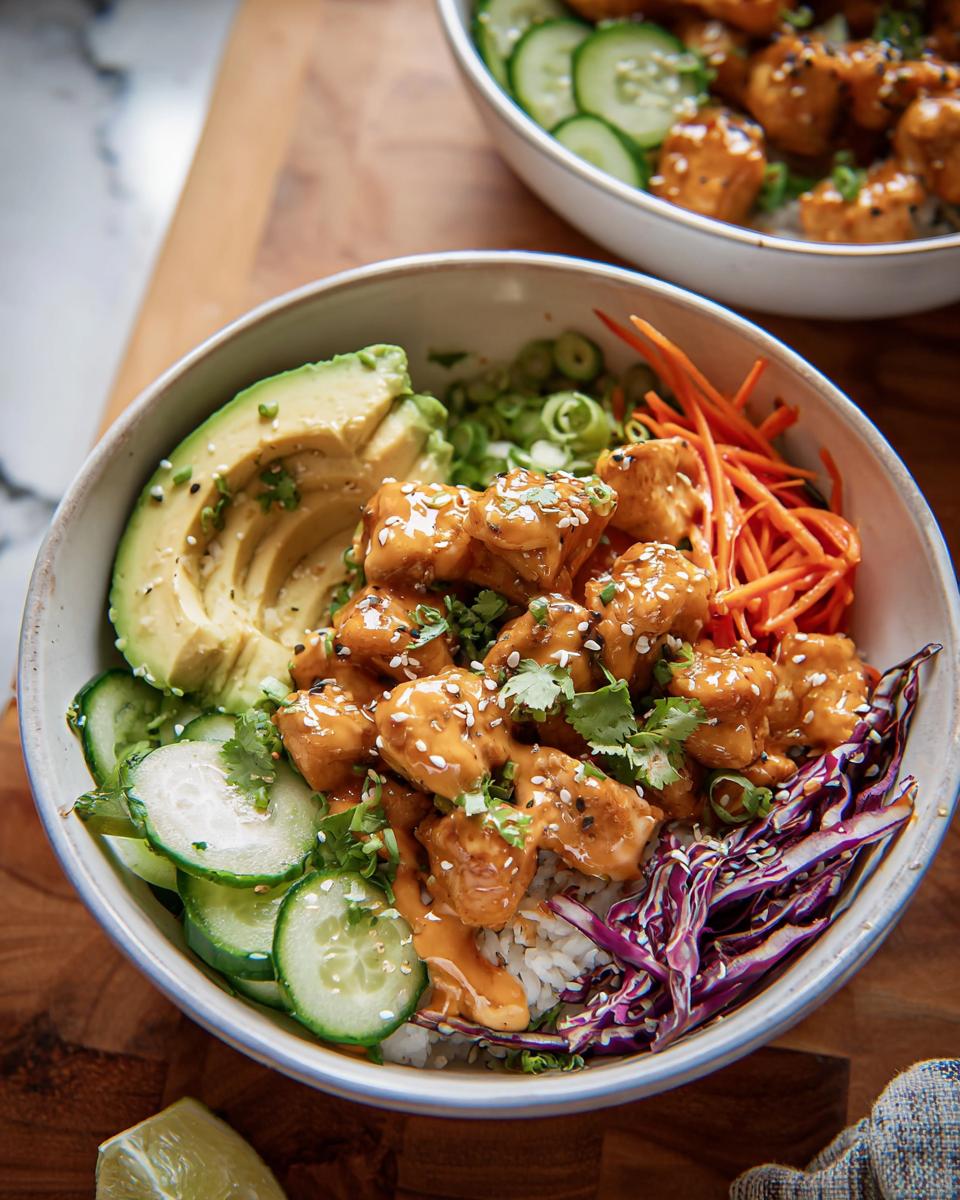 A close-up of a vibrant Bang Bang Chicken Bowl, featuring glazed chicken, rice, avocado, cucumber, carrots, and red cabbage.