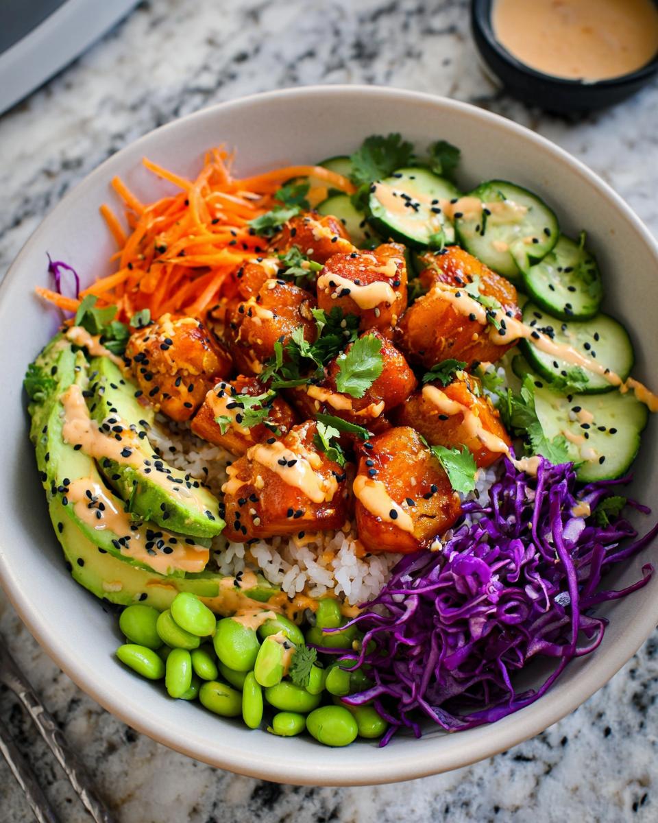 A vibrant bowl filled with rice, salmon bites, avocado, shredded carrots, cucumber, edamame, and red cabbage, drizzled with sauce.