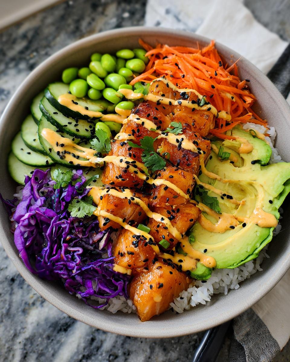 A vibrant bowl of Bang Bang Salmon Bites Bowls with salmon, rice, avocado, cucumber, edamame, and shredded carrots.