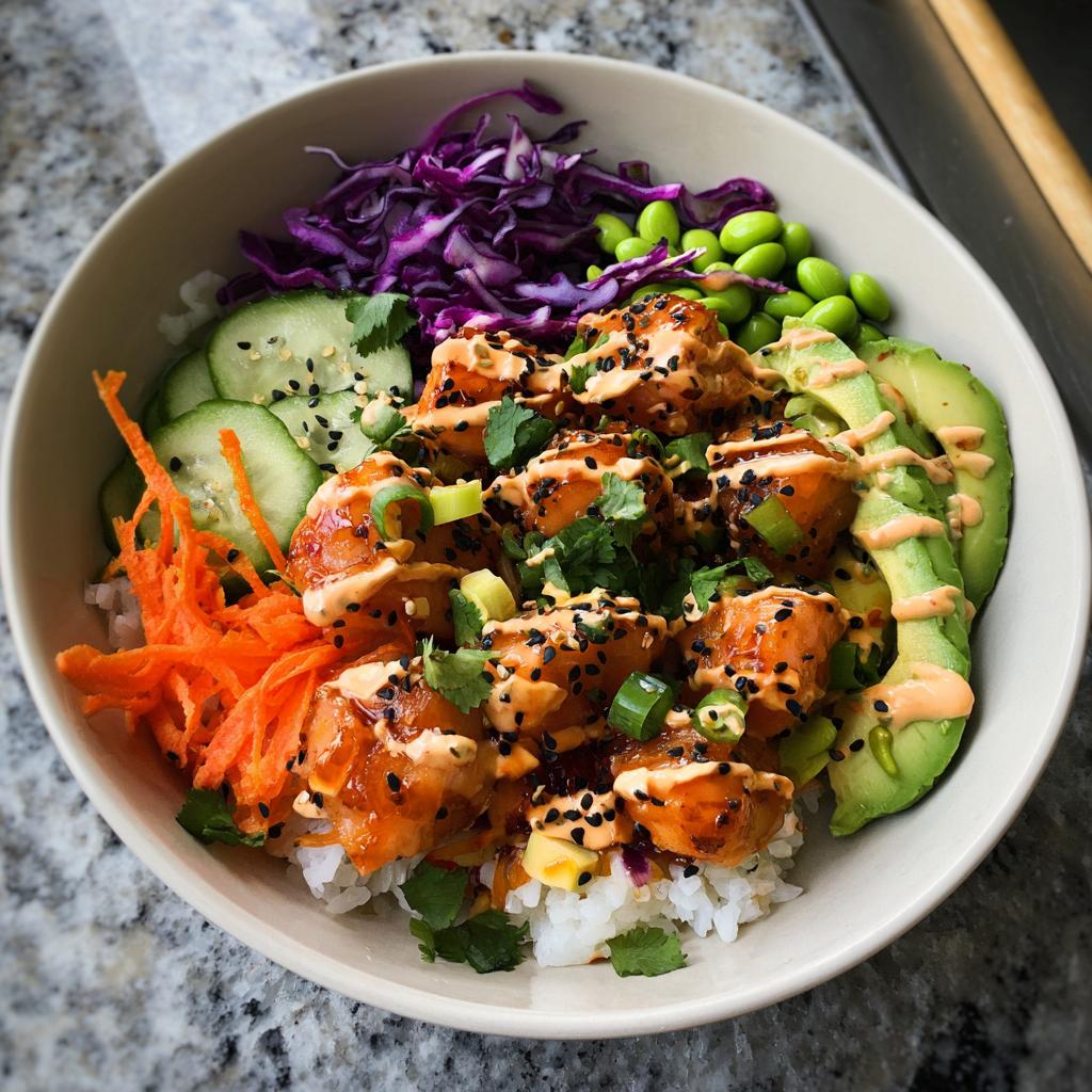 A close-up of a Bang Bang Salmon Bites Bowl filled with rice, salmon bites, avocado, cucumber, shredded carrots, edamame, and red cabbage.