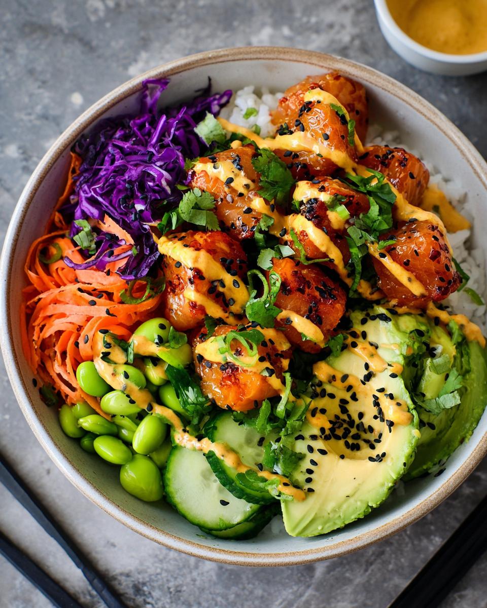 A vibrant bowl of Bang Bang Salmon Bites Bowls with rice, salmon, avocado, edamame, carrots, and red cabbage, drizzled with sauce.