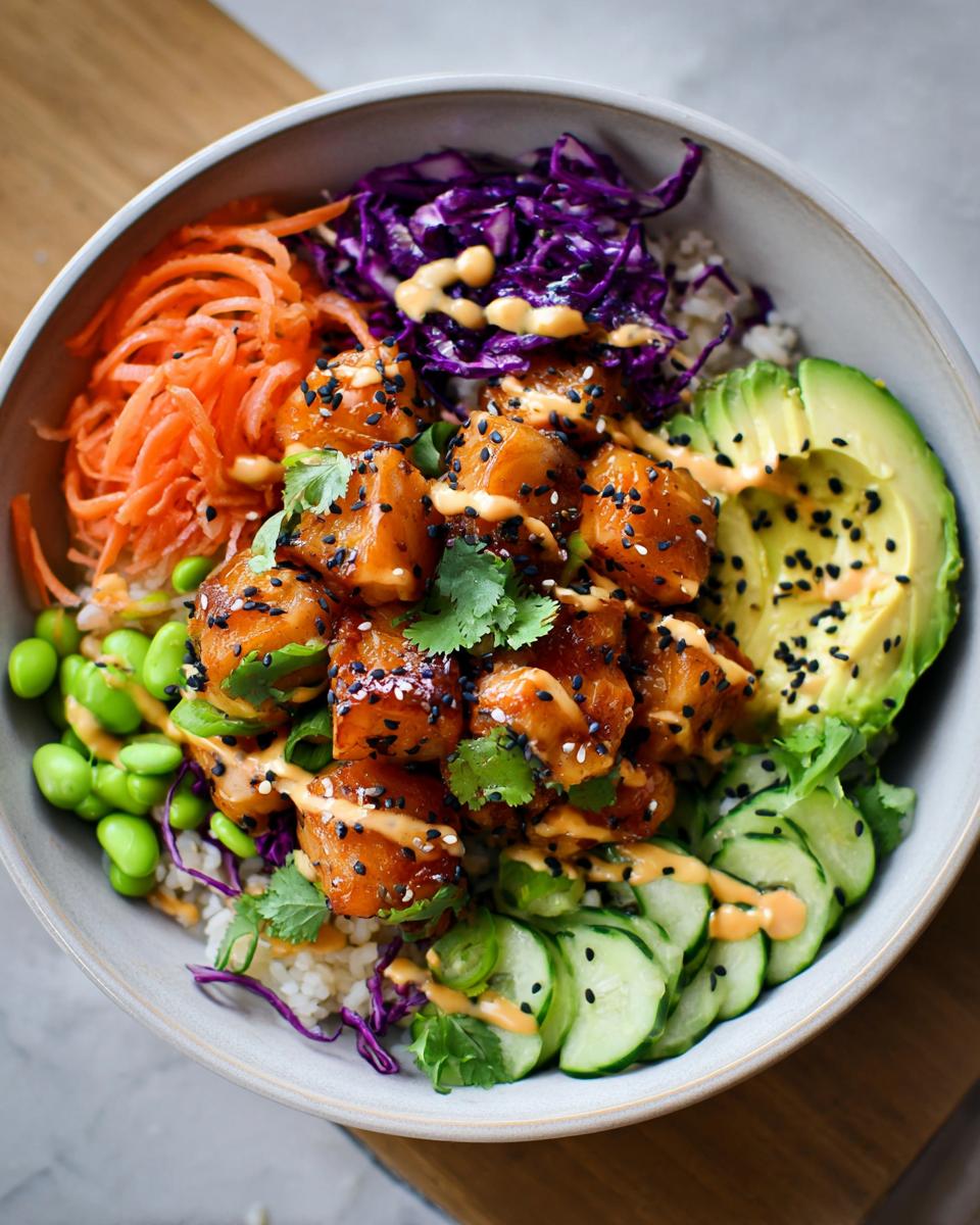A vibrant bowl of Bang Bang Salmon Bites Bowls featuring salmon, avocado, cucumber, carrots, edamame, and cabbage.