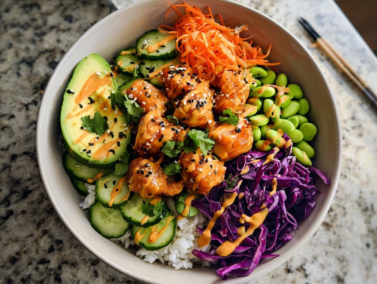 A vibrant bowl of Bang Bang Salmon Bites Bowls featuring crispy salmon bites, rice, avocado, cucumber, edamame, shredded carrots, and red cabbage.