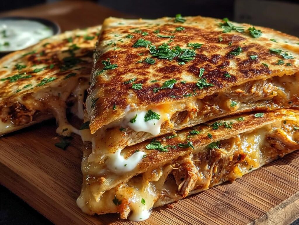 Close-up of Cheesy Hot Honey Chicken Quesadillas, sliced and stacked, with gooey melted cheese oozing out, garnished with parsley.