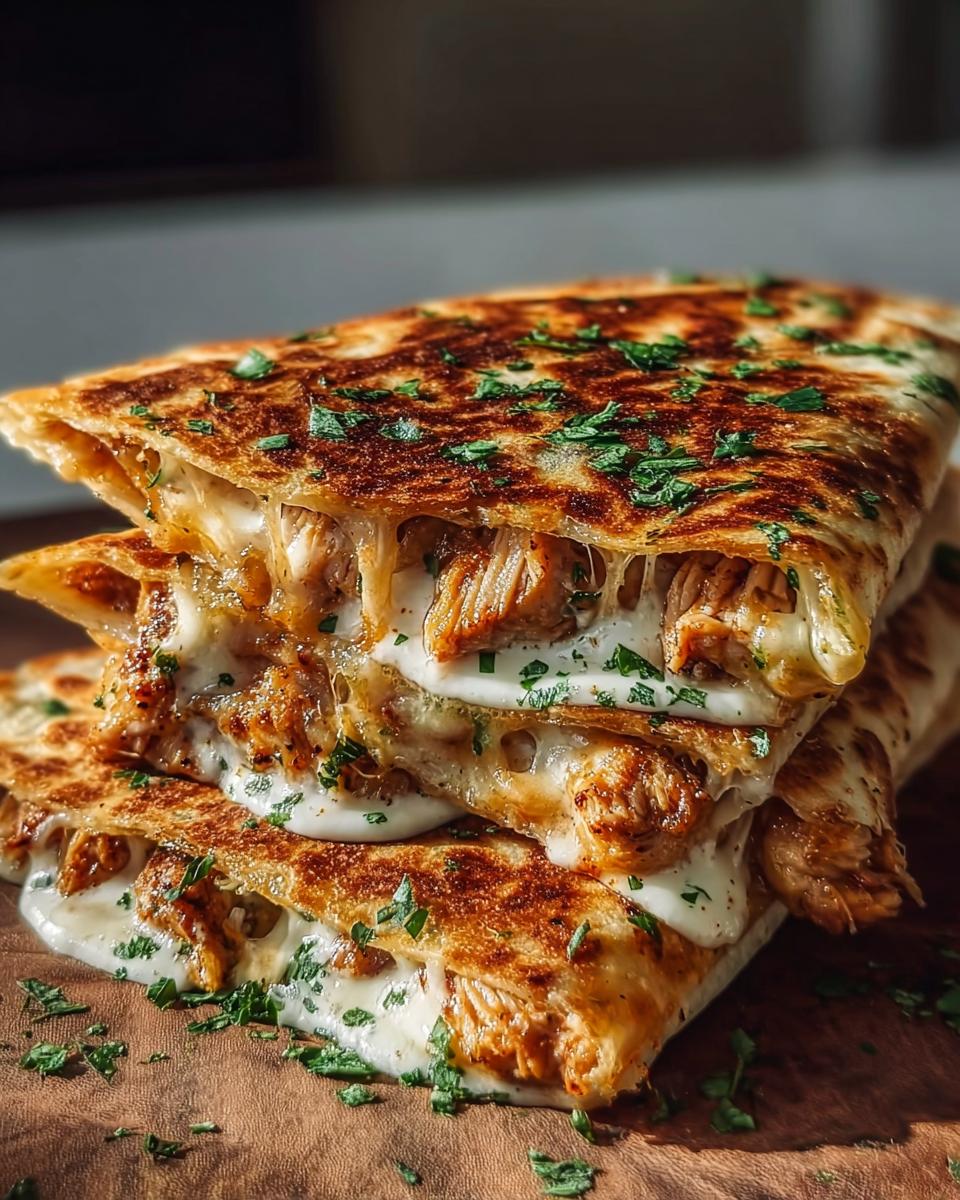 A stack of cheesy hot honey chicken quesadillas, oozing with melted cheese and sprinkled with parsley.