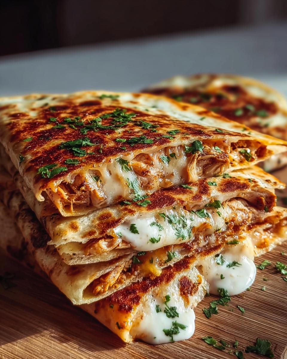 A stack of cheesy hot honey chicken quesadillas, oozing with melted cheese and sprinkled with parsley.