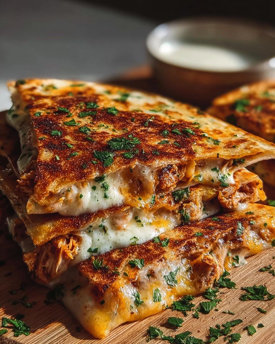 A stack of golden-brown Cheesy Hot Honey Chicken Quesadillas, oozing with melted cheese and sprinkled with parsley.