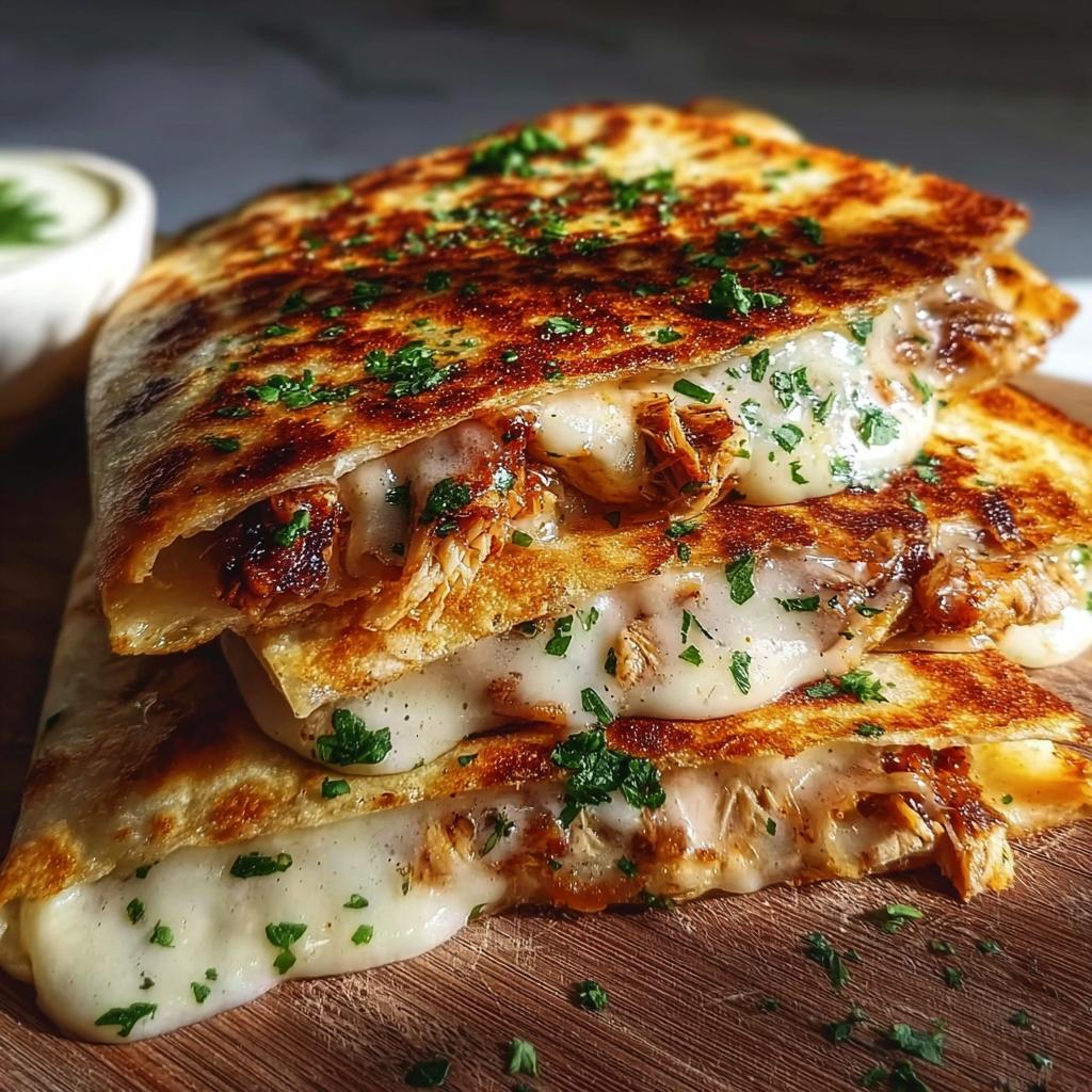 A close-up of a stack of Cheesy Hot Honey Chicken Quesadillas, oozing with melted cheese and sprinkled with parsley.