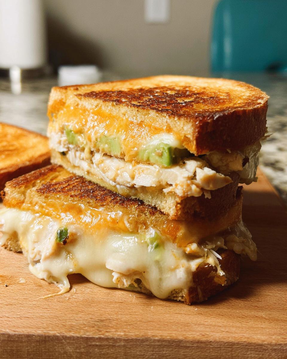 A close-up of a grilled CHICKEN AVOCADO MELT SANDWICH, with melted cheese oozing out.