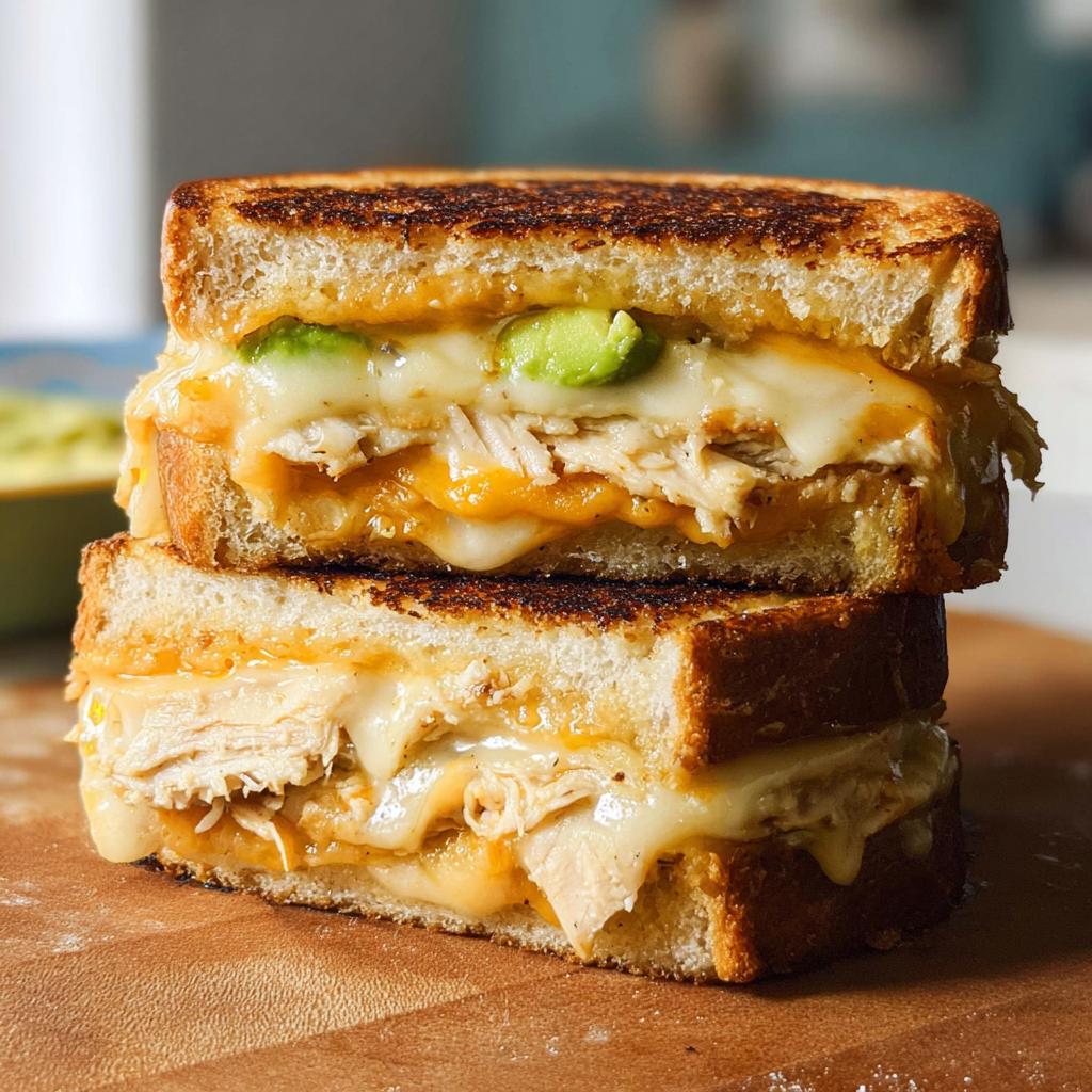 A close-up of a stacked CHICKEN AVOCADO MELT SANDWICH, showing melted cheese, shredded chicken, and avocado.