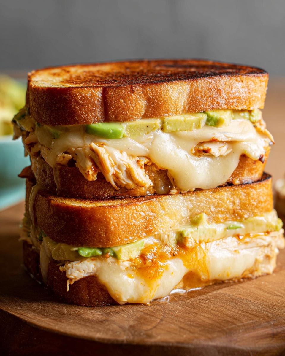 Close-up of a stacked CHICKEN AVOCADO MELT SANDWICH with melted cheese and avocado slices on toasted bread.
