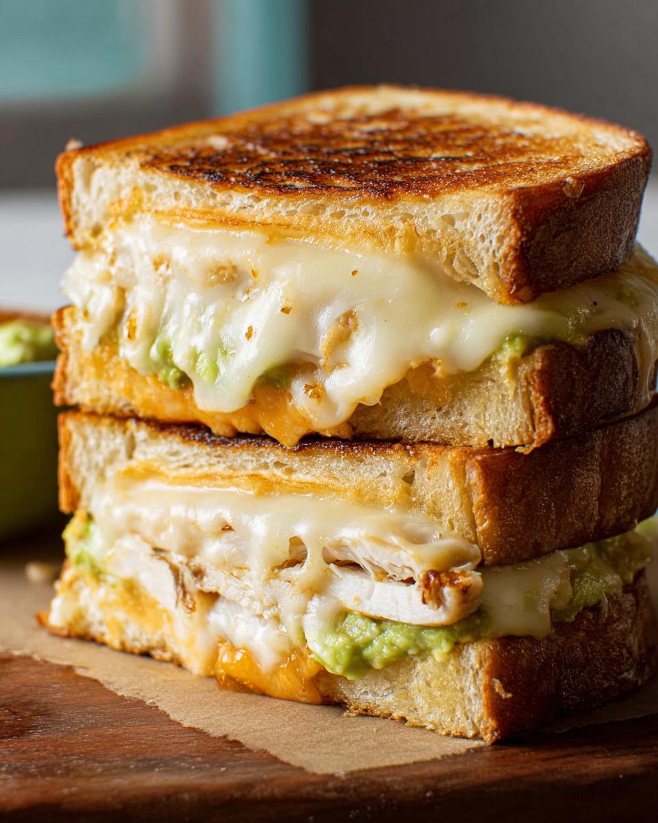 A stacked CHICKEN AVOCADO MELT SANDWICH with melted cheese and avocado.