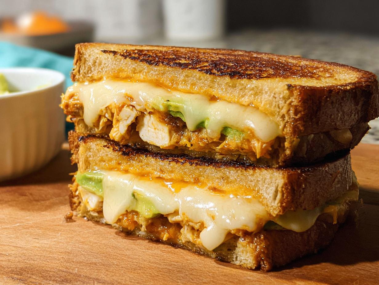 A close-up of a stacked CHICKEN AVOCADO MELT SANDWICH with melted cheese and avocado slices.