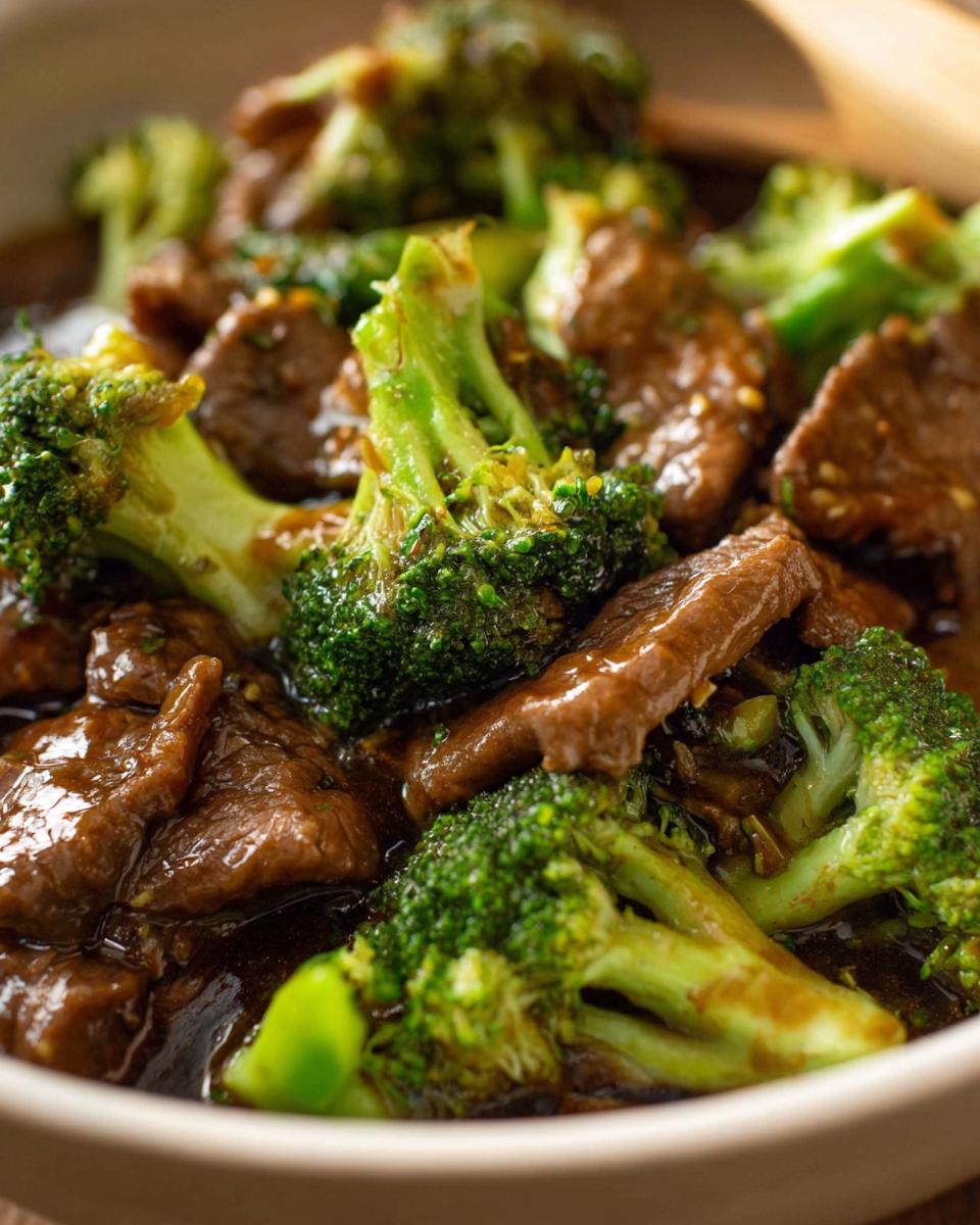 Close-up of tender slices of beef and bright green broccoli florets coated in a savory sauce, a classic Chinese Beef and Broccoli dish.