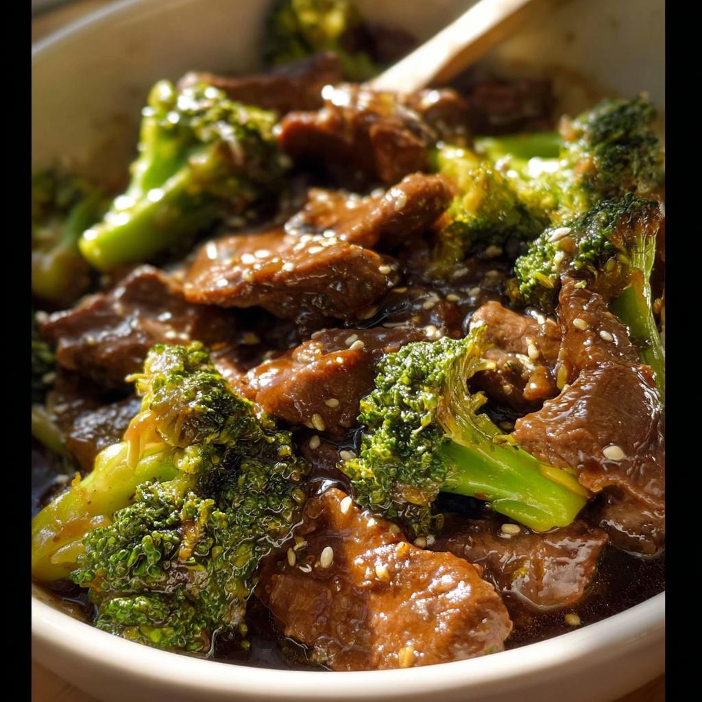 Close-up of tender slices of Chinese beef and broccoli in a glossy sauce, sprinkled with sesame seeds.