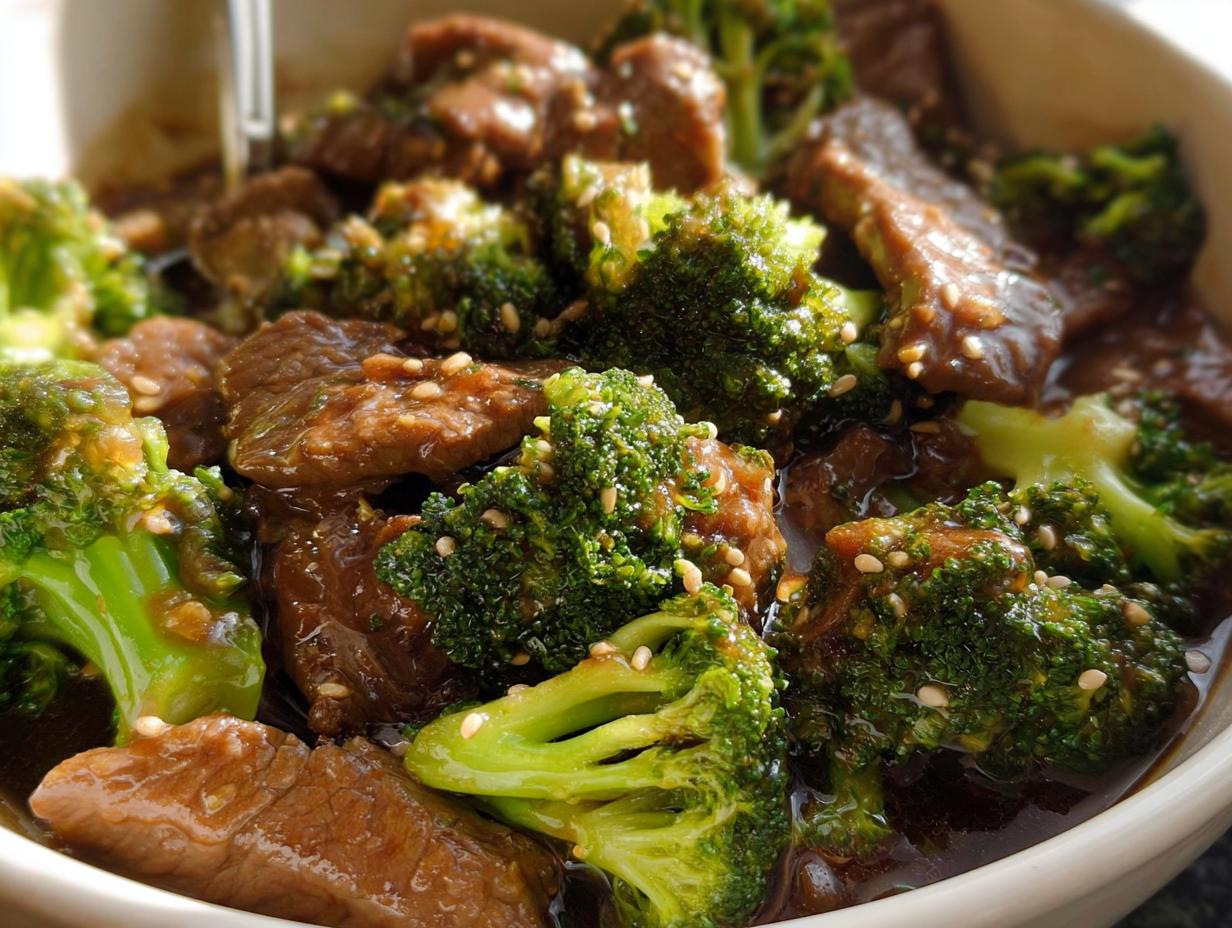 Close-up shot of tender beef and vibrant broccoli florets coated in a savory sauce, sprinkled with sesame seeds. Chinese Beef and Broccoli.