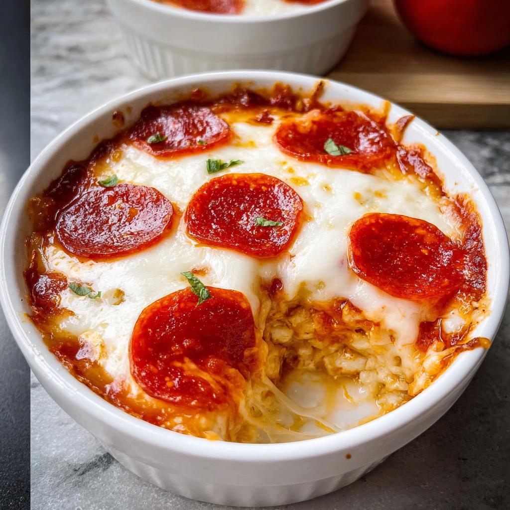 A close-up of a cottage cheese pizza bowl topped with melted cheese, pepperoni slices, and fresh basil.