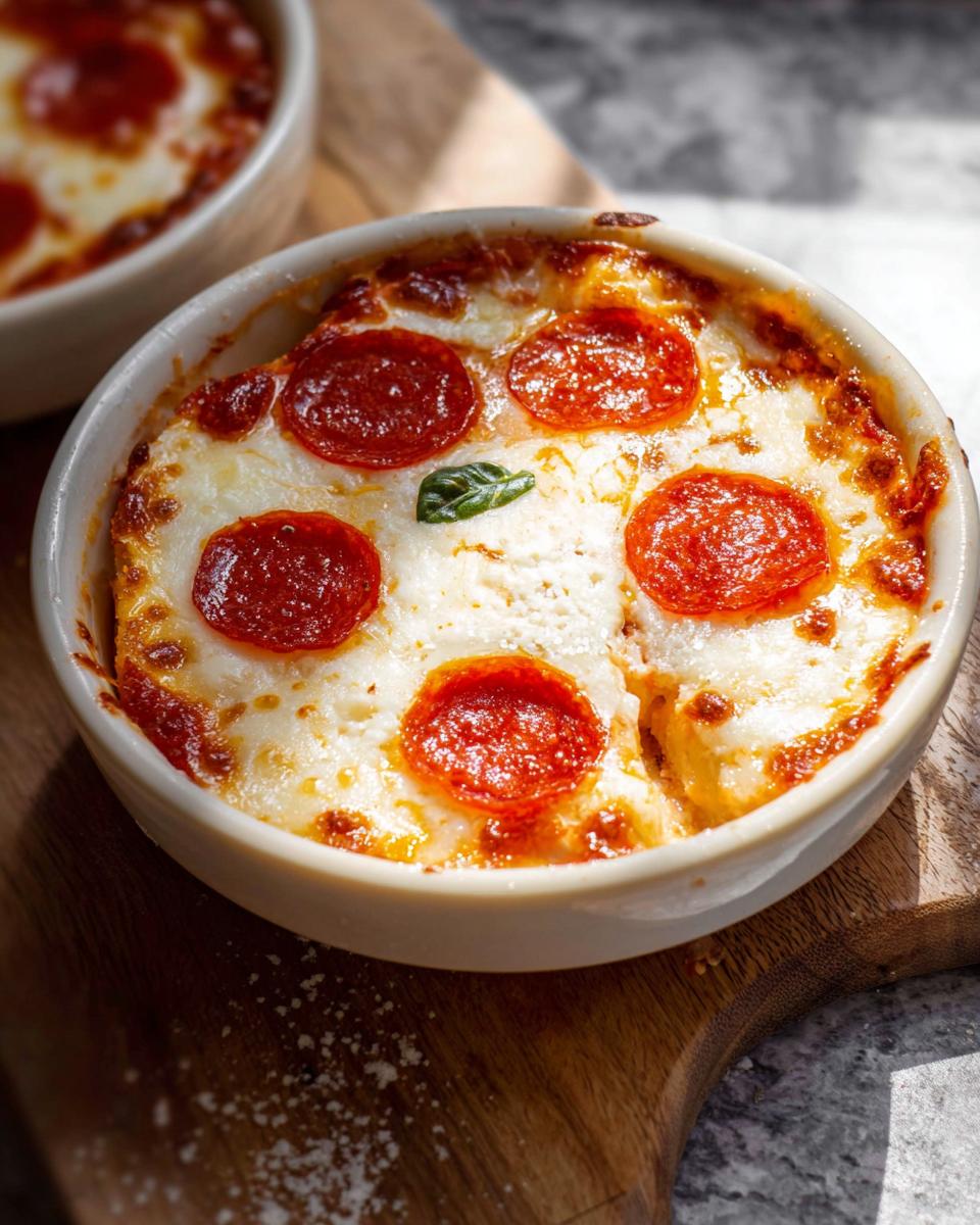 A close-up of a baked Cottage Cheese Pizza Bowl topped with melted cheese and pepperoni slices, garnished with a basil leaf.