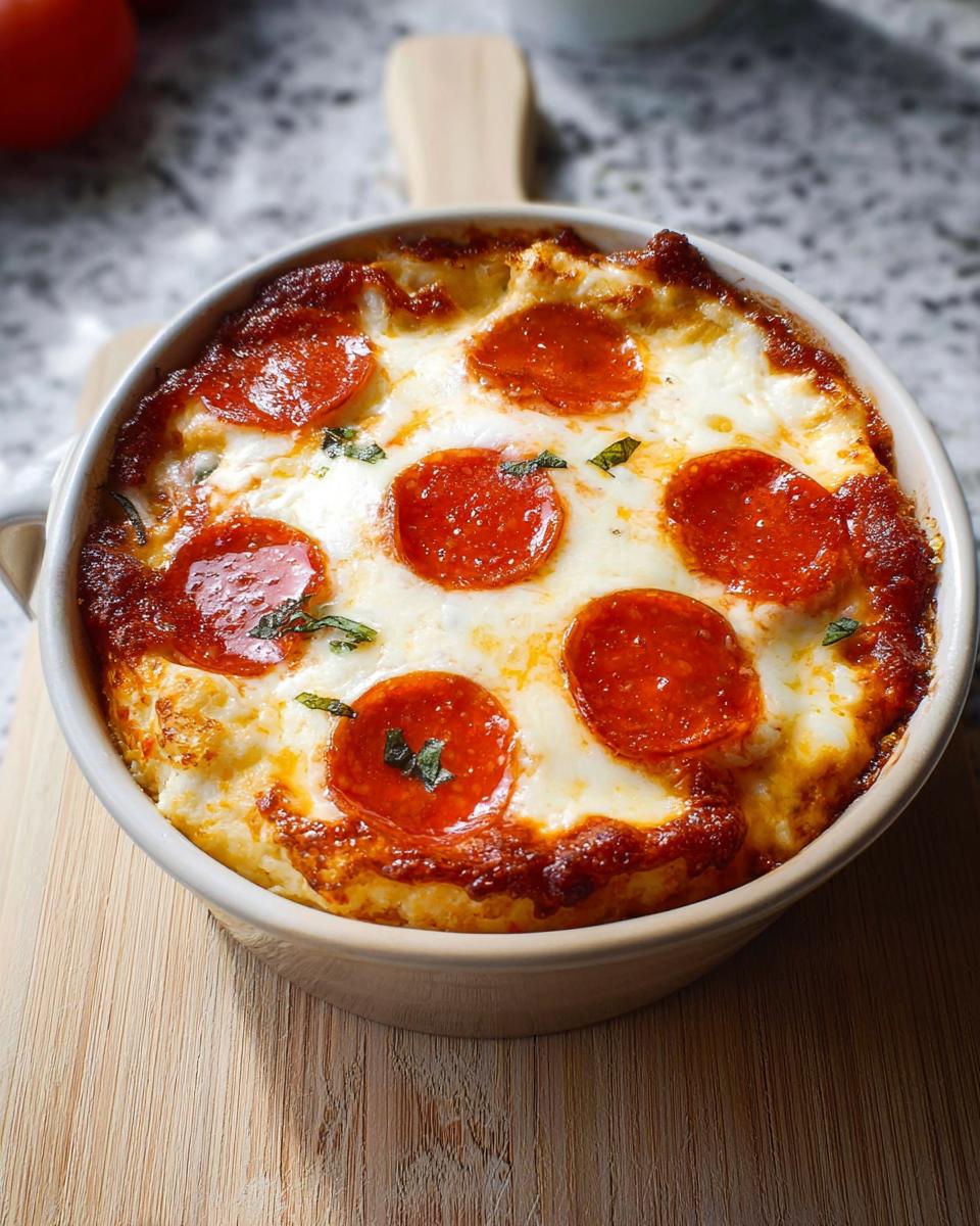 A close-up of a baked Cottage Cheese Pizza Bowl topped with melted mozzarella and pepperoni slices.