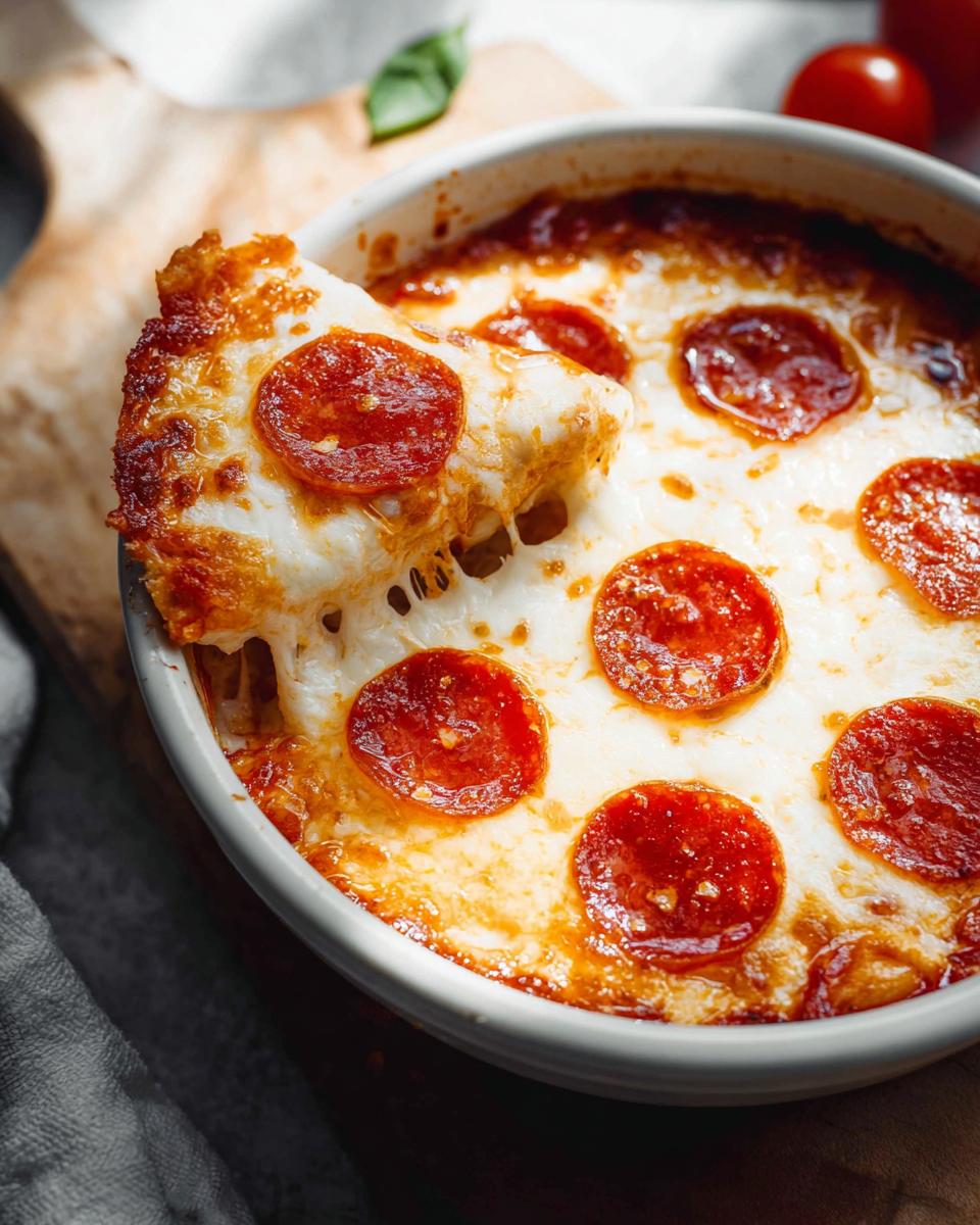 A slice of cheesy Cottage Cheese Pizza Bowl topped with pepperoni is lifted from the dish, showing melted cheese.