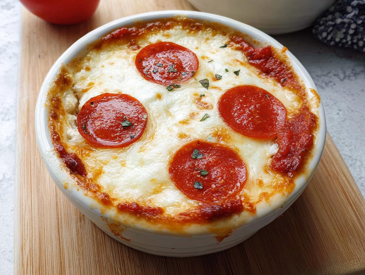 A close-up of a baked Cottage Cheese Pizza Bowl topped with melted cheese and pepperoni slices.