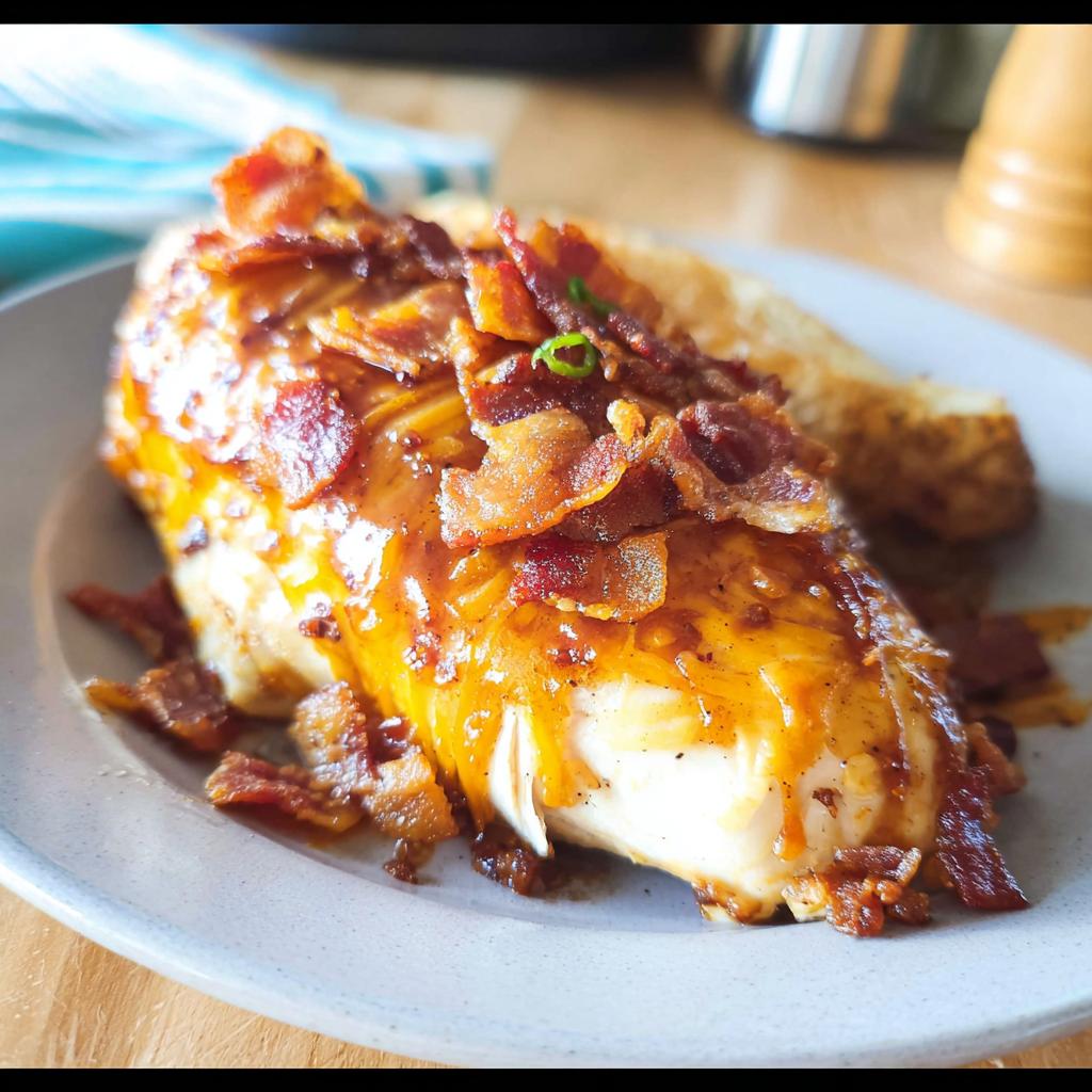 A delicious Cowboy BBQ Bacon Cheddar Chicken breast, glistening with sauce and topped with crispy bacon.