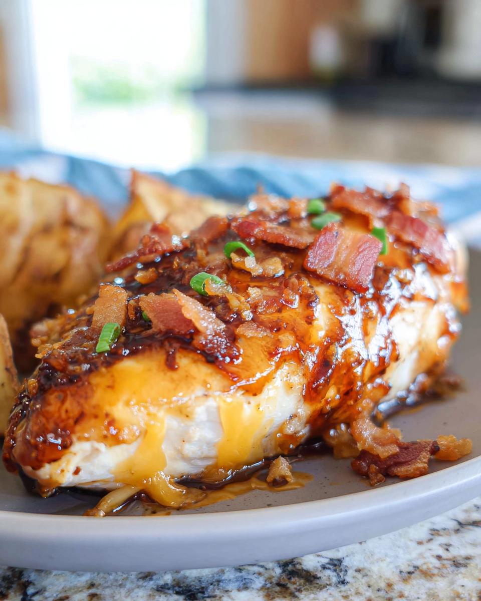 A juicy Cowboy BBQ Bacon Cheddar Chicken breast topped with crispy bacon and green onions.