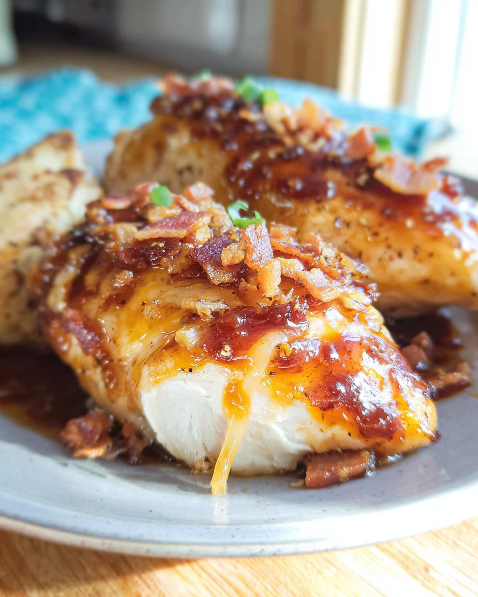 Close-up of Cowboy BBQ Bacon Cheddar Chicken breasts, glazed with BBQ sauce and topped with crispy bacon bits and green onions.