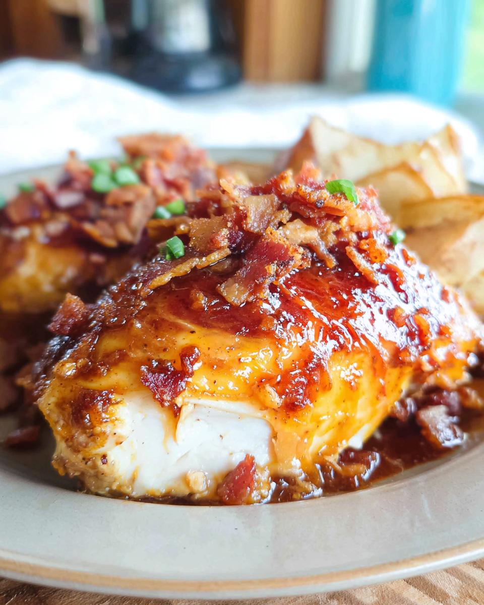 A close-up of Cowboy BBQ Bacon Cheddar Chicken, glistening with sauce and topped with crispy bacon and green onions.