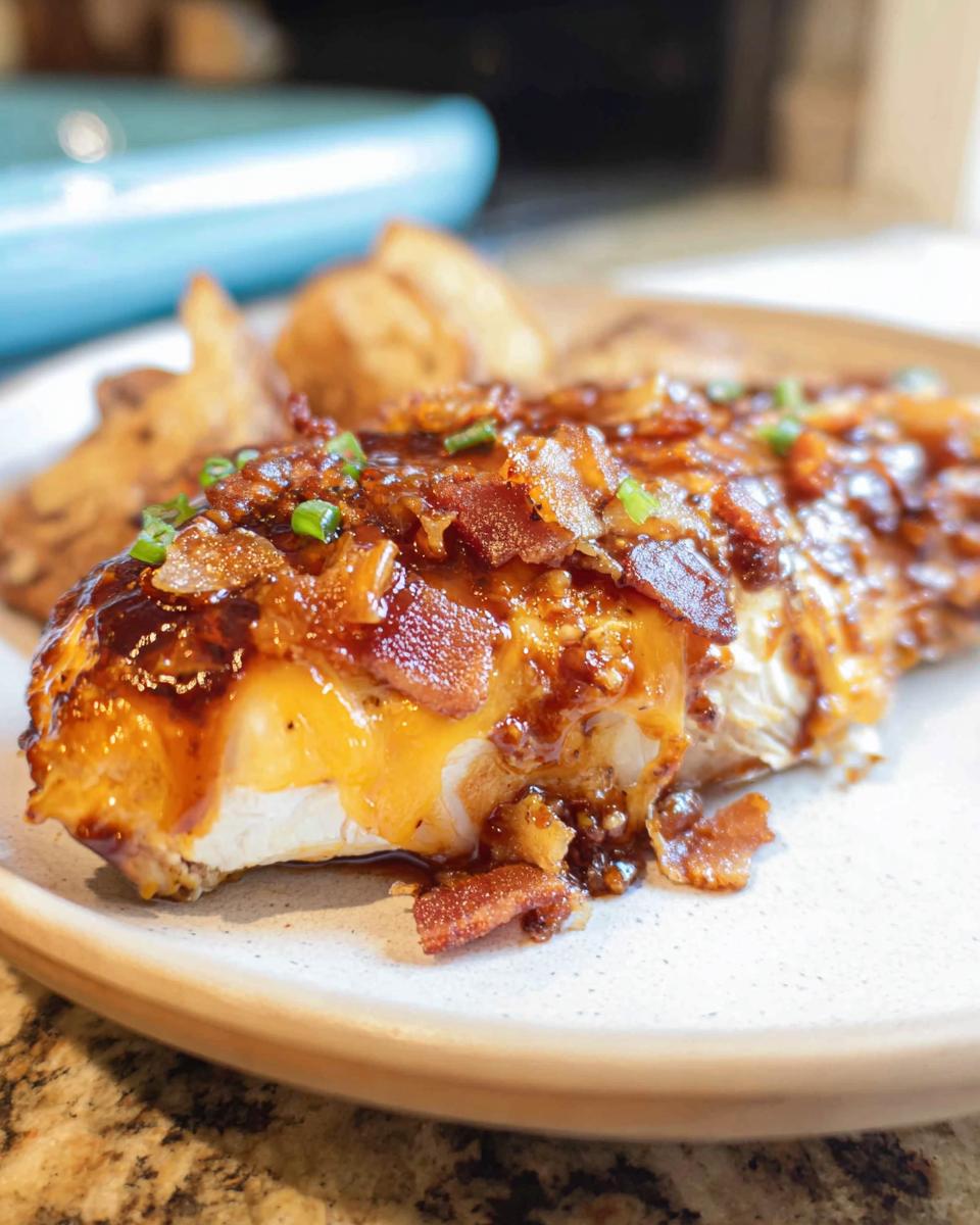 A delicious slice of Cowboy BBQ Bacon Cheddar Chicken, topped with melted cheddar cheese, crispy bacon, and green onions.