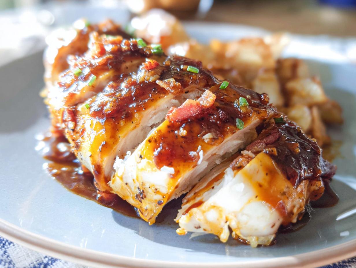 A close-up of sliced Cowboy BBQ Bacon Cheddar Chicken, drizzled with sauce and topped with bacon bits and chives.