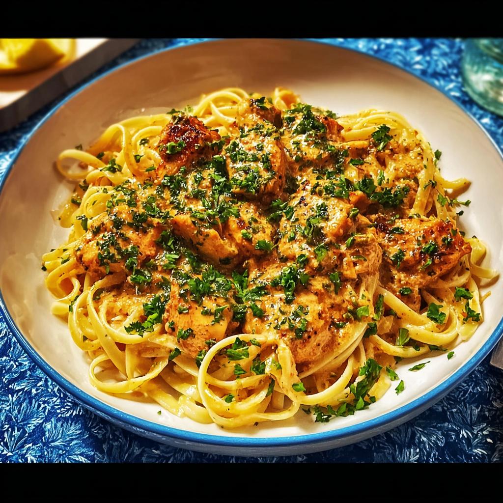 A close-up of Cowboy Butter Chicken Pasta, featuring tender chicken pieces in a creamy sauce over fettuccine, garnished with fresh parsley.