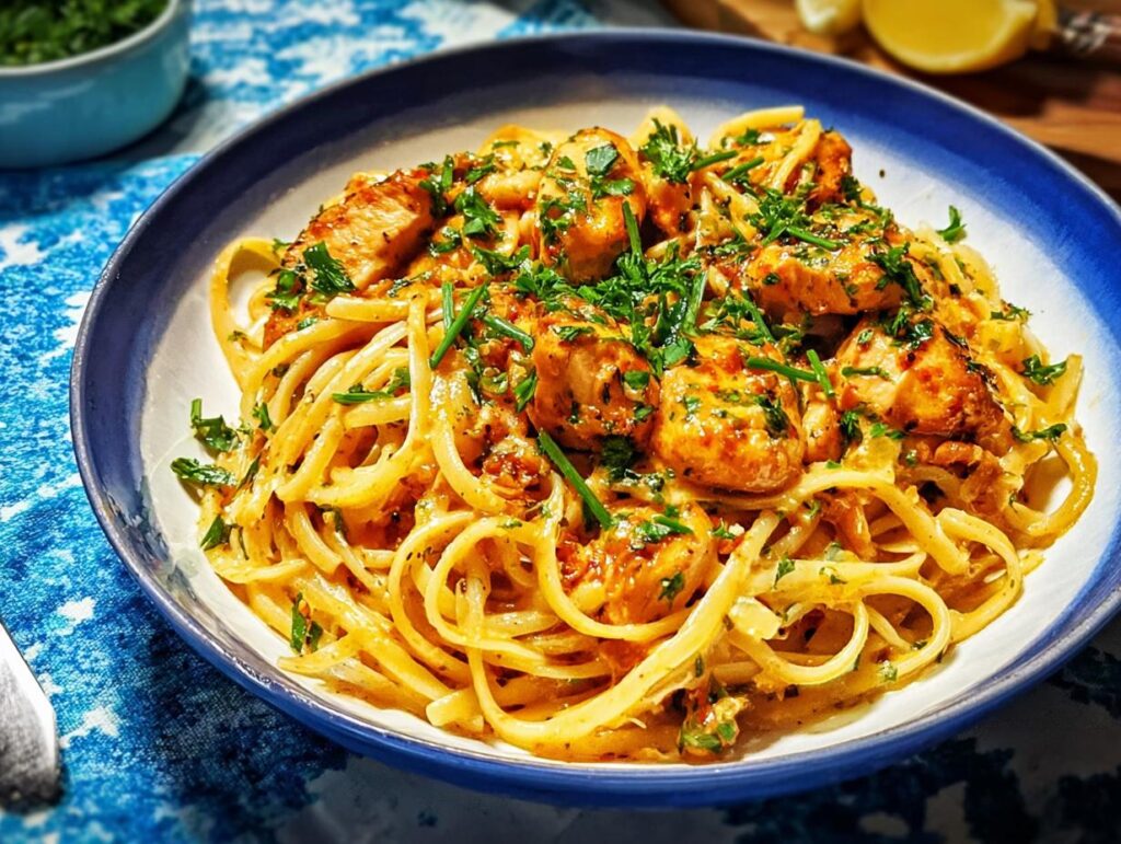 A close-up of a bowl of Cowboy Butter Chicken Pasta, featuring tender chicken pieces and linguine in a creamy sauce, garnished with fresh herbs.