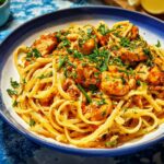 A close-up of a bowl of Cowboy Butter Chicken Pasta, featuring tender chicken pieces and linguine in a creamy sauce, garnished with fresh herbs.