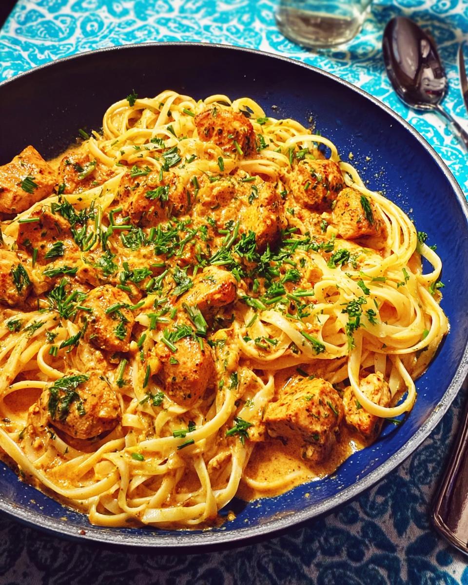 A close-up of Cowboy Butter Chicken Pasta with fettuccine noodles and creamy sauce, garnished with chives.
