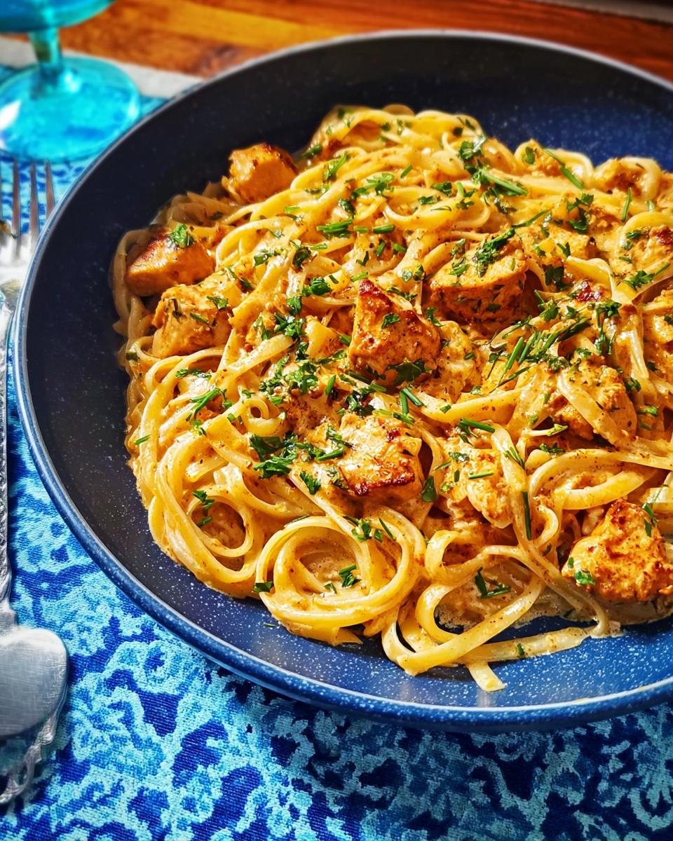 A close-up of creamy Cowboy Butter Chicken Pasta, garnished with fresh parsley and chives.